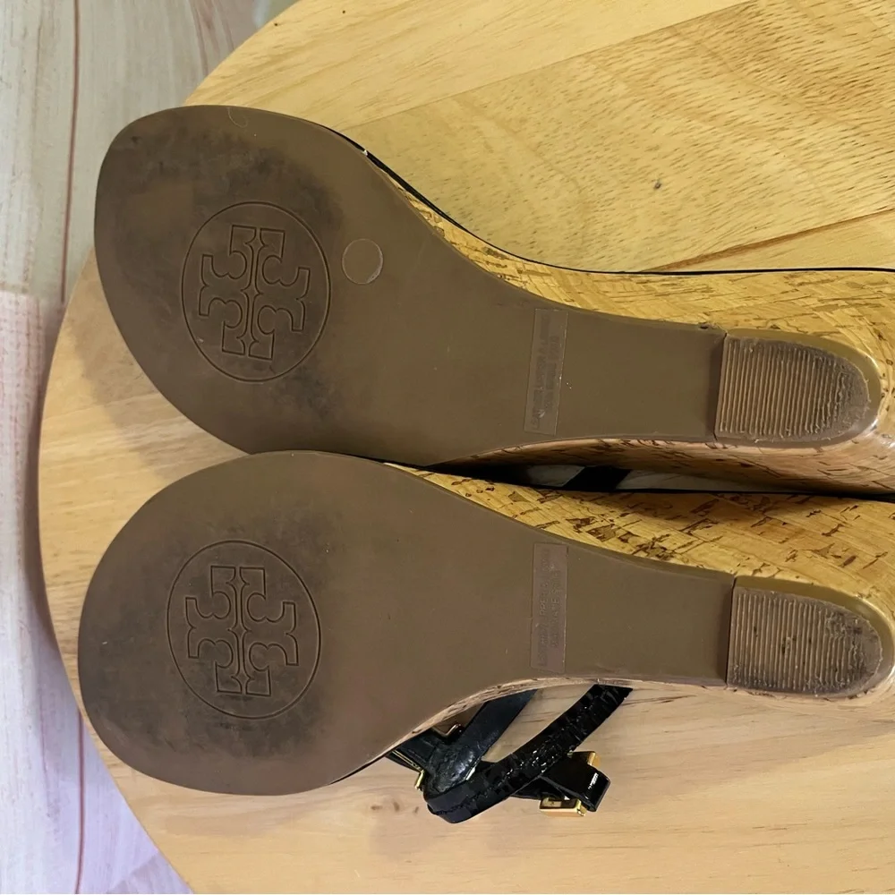Tory Burch Black Ankle Strap Cork Wedge Sandal‎ Size 7 - Picture 4 of 13